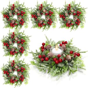 Lyrow 8 Pcs Christmas Candle Rings Wreath Norfolk Pine Garland Red Berry Pinecones Wreaths Artificial Berries Snowy Pine Garland Candle Ring Holder for Christmas Wedding Home Table Centerpiece