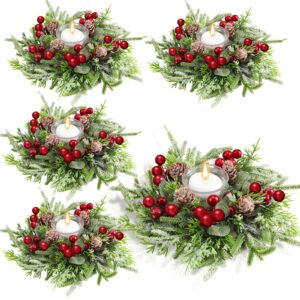 Lyrow 4 Pcs Christmas Candle Rings Wreath Norfolk Pine Garland Red Berry Pinecones Wreaths Artificial Berries Snowy Pine Garland Candle Ring Holder for Christmas Wedding Home Table Centerpiece