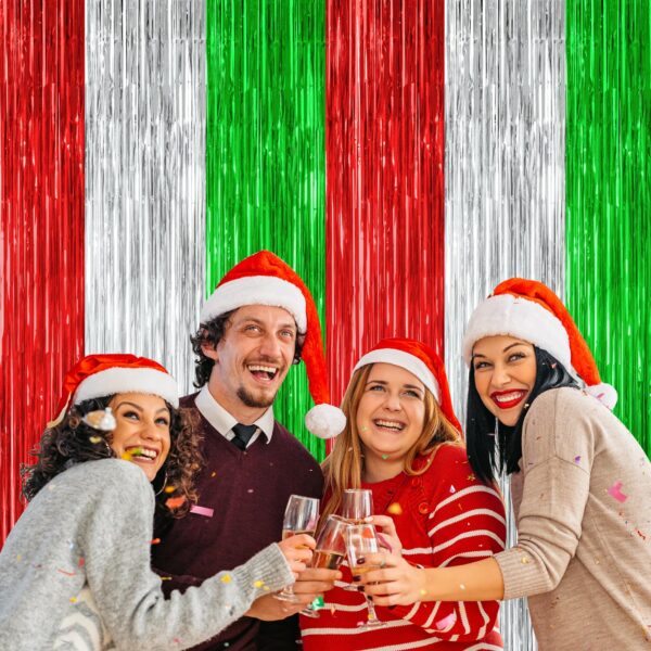 12 Pack Christmas Party Backdrop, 3.28 FT x 7.05 FT Red Silver Green Foil Streamer, Metallic Fringe Curtains Tinsel Streamer, Hanging Christmas Decorations Picture Props Door Decor - Image 5