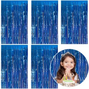 5 Pack Foil Curtain Backdrop Blue Metallic Tinsel Foil Fringe Curtains Photo Booth Props for Birthday Wedding Engagement Baby Shower Bachelorette Christmas Holiday Celebration Party Decorations