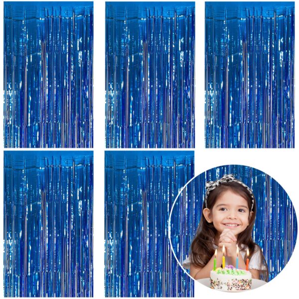 5 Pack Foil Curtain Backdrop Blue Metallic Tinsel Foil Fringe Curtains Photo Booth Props for Birthday Wedding Engagement Baby Shower Bachelorette Christmas Holiday Celebration Party Decorations