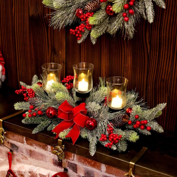 Red Christmas Table Centerpiece,Christmas Decoration Cedar with 3 Candlestick Glass Cup, Red Berry, Christmas Balls for Holiday Party, Home, Fireplace - Image 3
