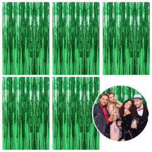 5 Pack Foil Curtain Backdrop Green Metallic Tinsel Foil Fringe Curtains Photo Booth Props for Birthday Wedding Engagement Baby Shower Bachelorette Christmas Holiday Celebration Party Decorations