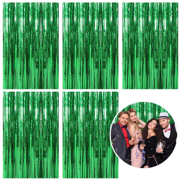 5 Pack Foil Curtain Backdrop Green Metallic Tinsel Foil Fringe Curtains Photo Booth Props for Birthday Wedding Engagement Baby Shower Bachelorette Christmas Holiday Celebration Party Decorations