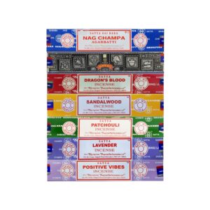 Satya Incense Gift Set Nag Champa, Super hit, Dragon's Blood, Sandalwood, Patchouli, Lavender, Positive Vibes, 15 g