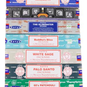 Satya Incense Sticks Gift Set, 7 Scents, Nag Champa, Super Hit, Dragon's Blood, Sandalwood, Patchouli, Lavender, Positive Vibes, 15g Each (Smudge)