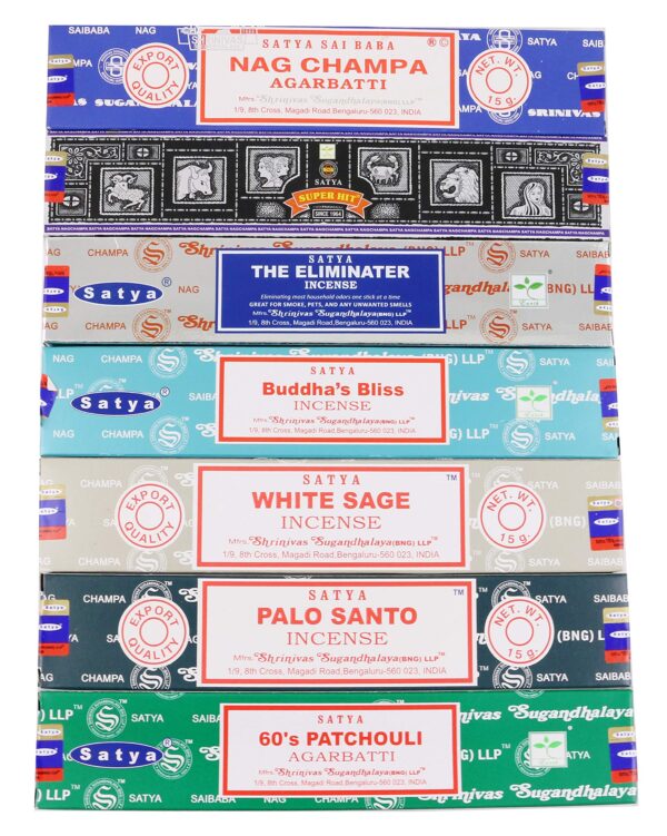 Satya Incense Sticks Gift Set, 7 Scents, Nag Champa, Super Hit, Dragon's Blood, Sandalwood, Patchouli, Lavender, Positive Vibes, 15g Each (Smudge)