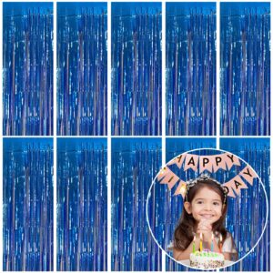 10 Pack Foil Curtain Backdrop Blue Metallic Tinsel Foil Fringe Curtains Photo Booth Props for Birthday Wedding Engagement Baby Shower Bachelorette Christmas Holiday Celebration Party Decorations
