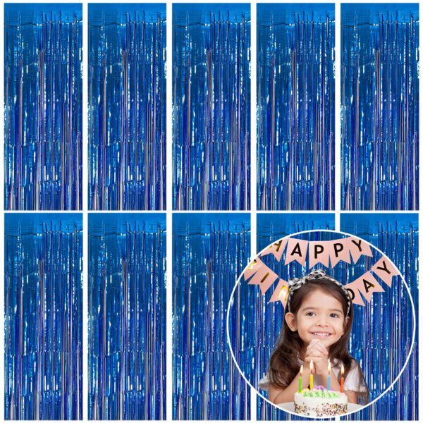 10 Pack Foil Curtain Backdrop Blue Metallic Tinsel Foil Fringe Curtains Photo Booth Props for Birthday Wedding Engagement Baby Shower Bachelorette Christmas Holiday Celebration Party Decorations